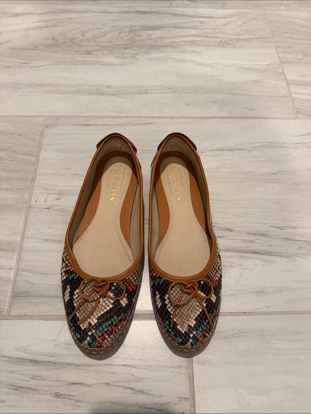 Cole Haan Multicolor Snake-Print Ballet Flats with Tan Trim